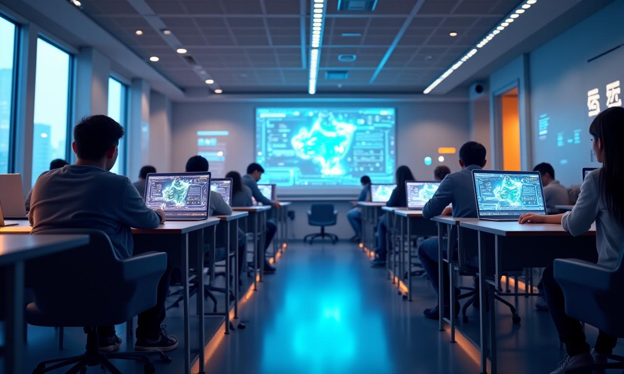 Vue futuriste d'une salle de classe avec des éléments d'IA et des étudiants engagés