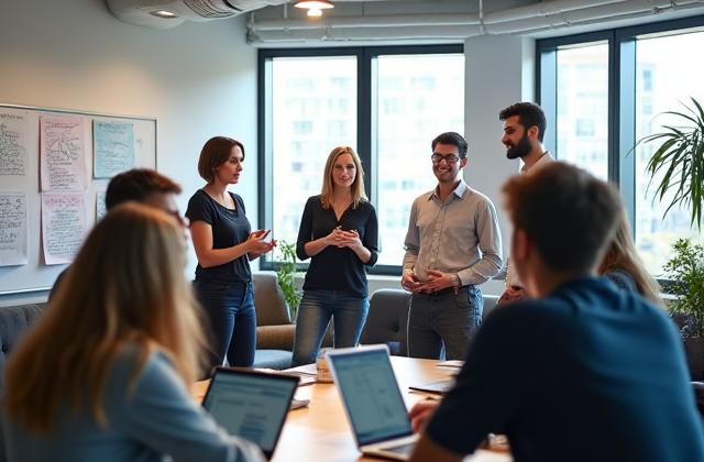 Équipe de Rose Intello collaborant dans un environnement moderne